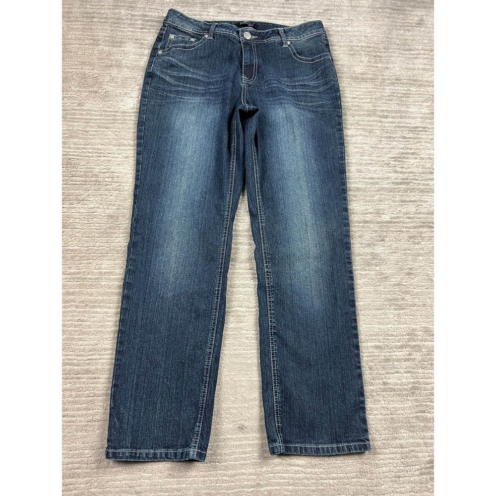 Roz & Ali Jeans Womens 12P Blue Straight Leg Embellished Dark Wash Stretch Denim